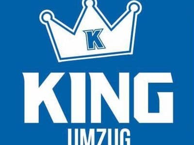 King Umzug Logo – weiße Krone mit Schriftzug auf königsblauem Hintergrund
